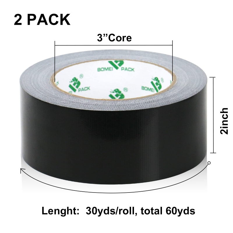 BOMEI PACK 2 Pack Duct Tape Heavy Duty,9 Mil Thickness,2 Inches x 30 Yards,Strong Industrial Strength,Flexible,No Residue,Waterproof and Tear by Hand,Multi-Use for Indoor & Outdoor Repairs(Black) - Image 2
